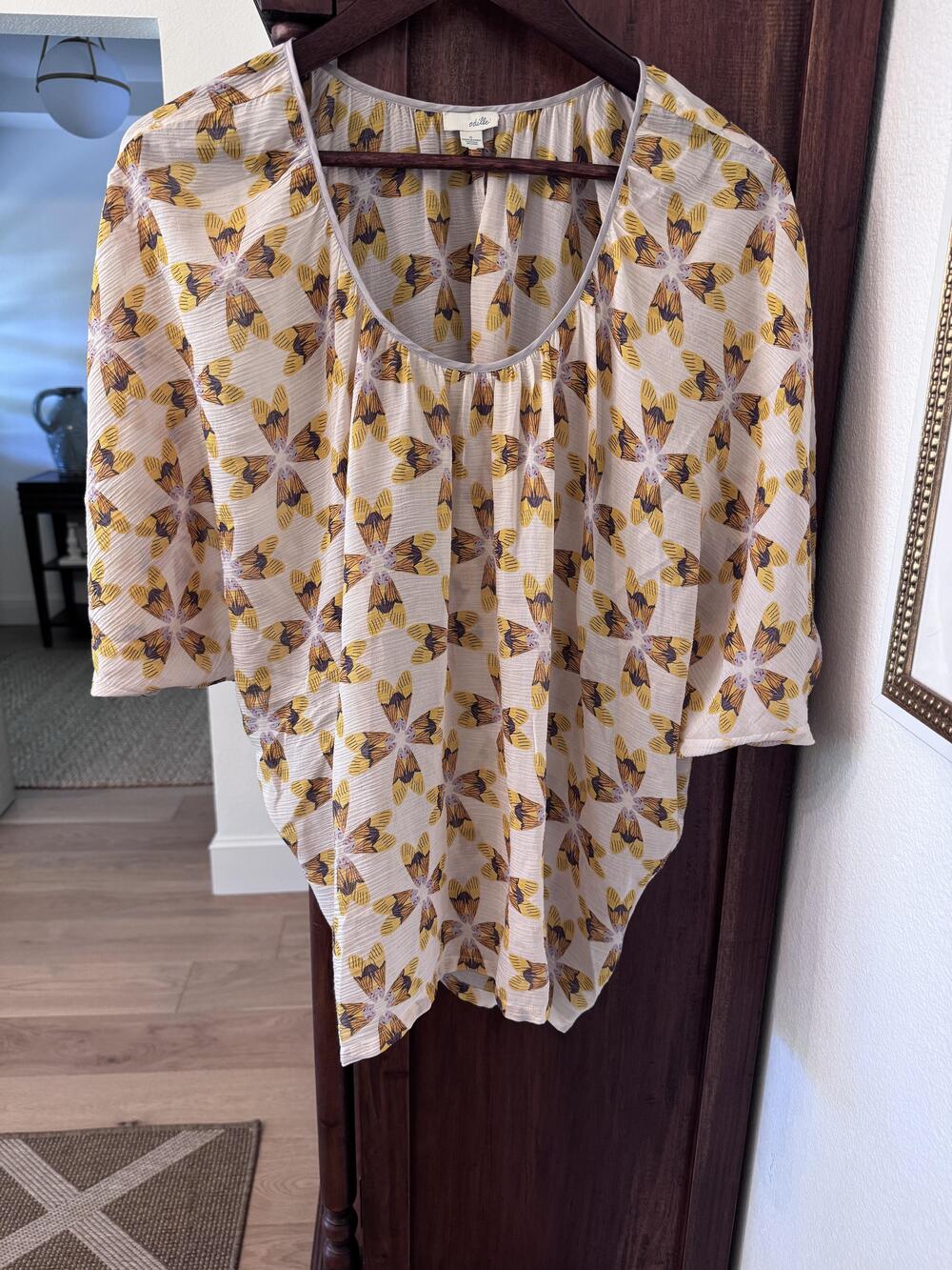 Odille Blouse Women's Small Yellow Butterfly Print Silk Cotton Dolman Sheer Top